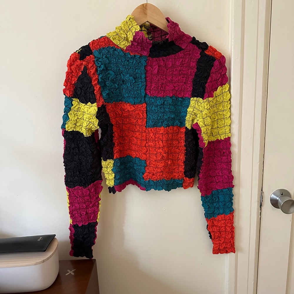 Mara Hoffman Jayne colorblock popcorn crop turtleneck top